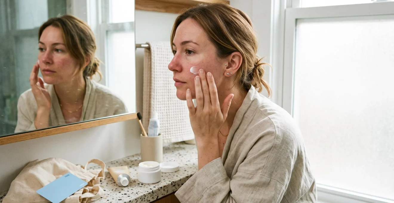 Une femme applique une crème barrière sur sa joue devant un miroir de salle de bains, avec des soins et un masque posés sur le plan de travail.