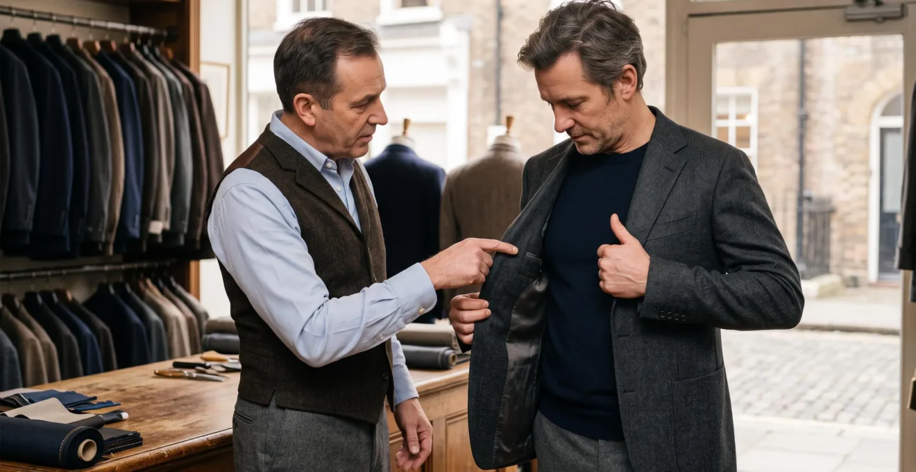 Un client pince l'avant d'une veste en laine dans une boutique pendant qu'un tailleur lui montre la construction de l'entoilage.