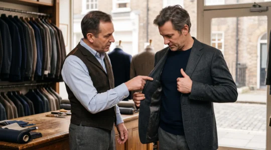 Un client pince l'avant d'une veste en laine dans une boutique pendant qu'un tailleur lui montre la construction de l'entoilage.