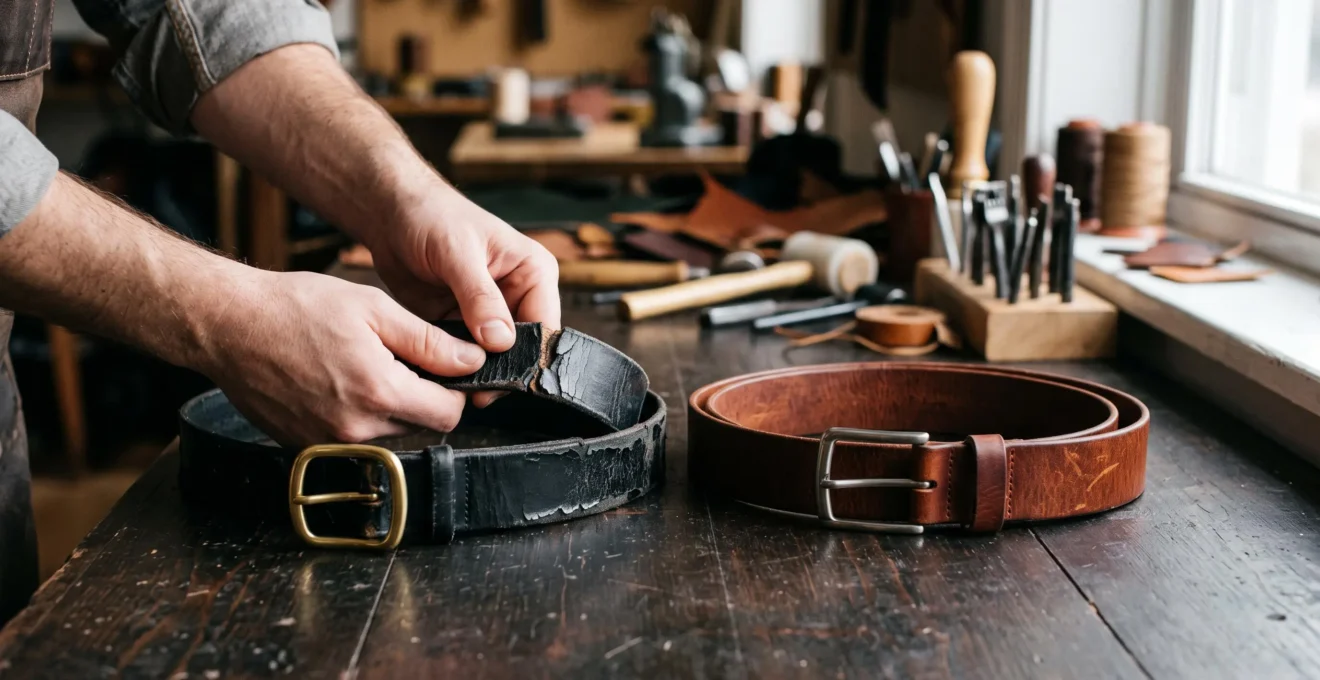 Deux ceintures en cuir posées côte à côte sur une table en bois : l'une au cuir fissuré et pelé, l'autre en pleine fleur avec un grain visible, une main pliant le bord de la ceinture abîmée.