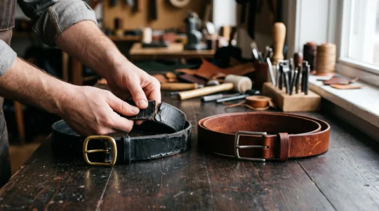 Deux ceintures en cuir posées côte à côte sur une table en bois : l'une au cuir fissuré et pelé, l'autre en pleine fleur avec un grain visible, une main pliant le bord de la ceinture abîmée.