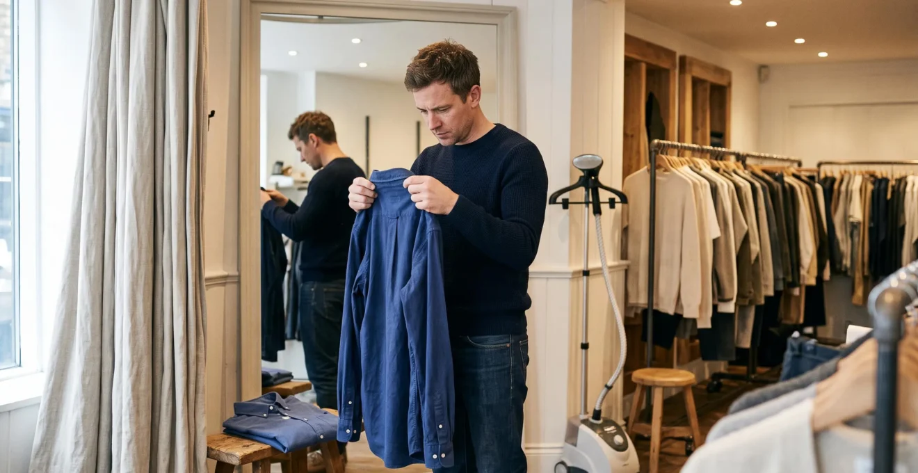 Une cliente compare deux chemises en boutique, soulevant le col de l'une pour examiner sa construction intérieure devant le miroir de la cabine d'essayage.