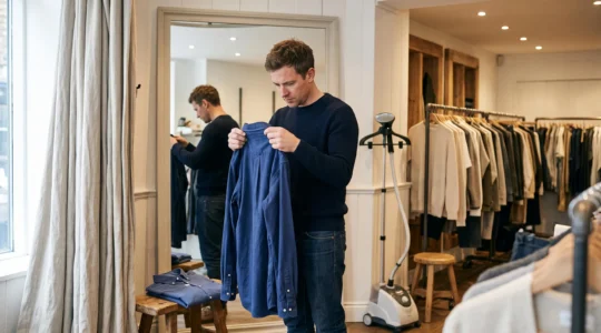 Une cliente compare deux chemises en boutique, soulevant le col de l'une pour examiner sa construction intérieure devant le miroir de la cabine d'essayage.
