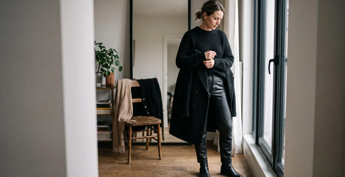 Une femme en tenue entièrement noire associe un pull en maille mate, un pantalon en cuir lisse et un manteau de laine texturée près d'une fenêtre.