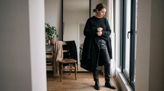 Une femme en tenue entièrement noire associe un pull en maille mate, un pantalon en cuir lisse et un manteau de laine texturée près d'une fenêtre.
