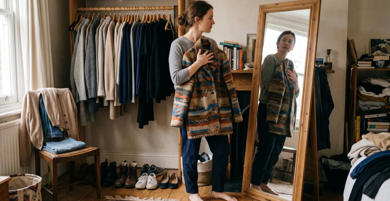 Une femme tente une veste originale devant un miroir, face à une garde-robe aux tons neutres, dans son dressing domestique.