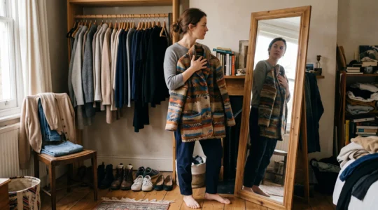 Une femme tente une veste originale devant un miroir, face à une garde-robe aux tons neutres, dans son dressing domestique.