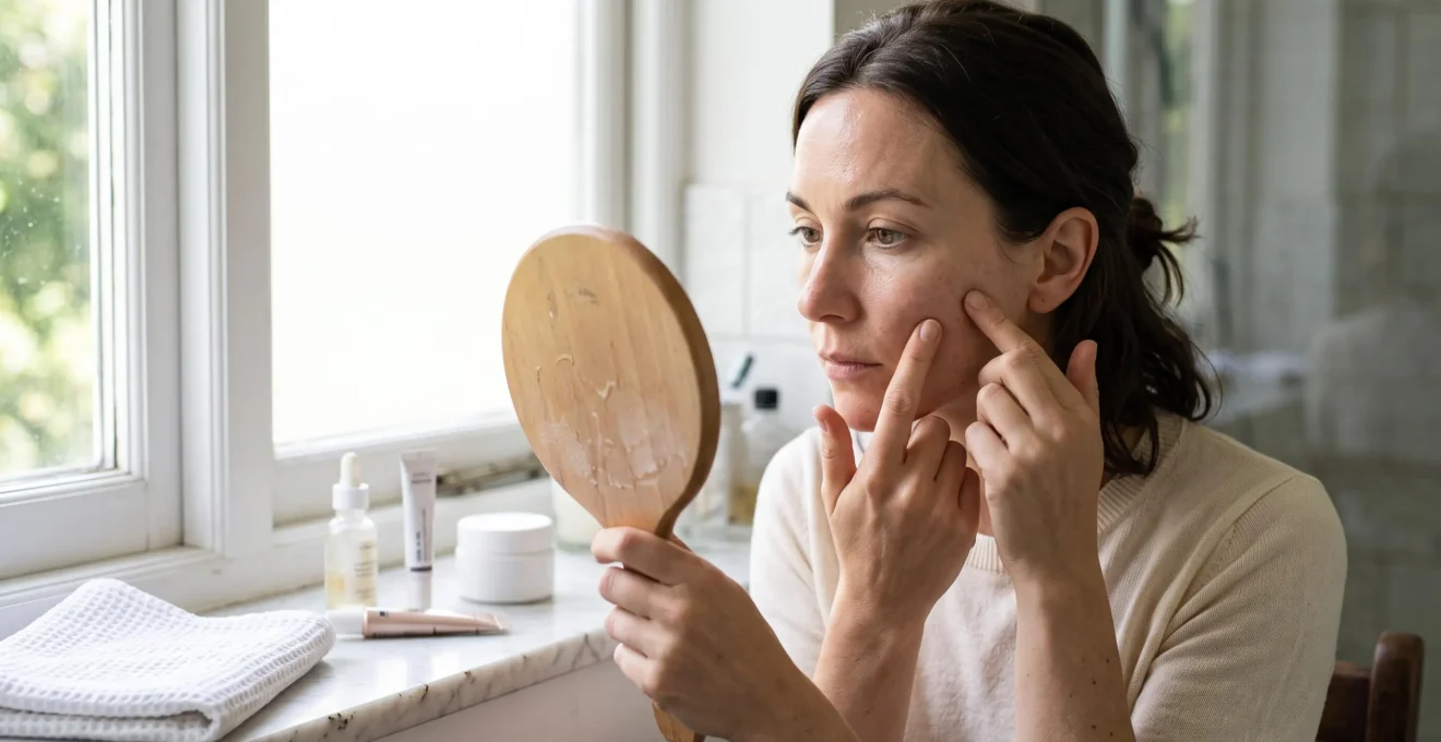 Une femme examine la brillance de sa zone T dans un miroir près d'une fenêtre lumineuse, avec des produits de soin sur le rebord de la salle de bain.