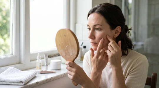 Une femme examine la brillance de sa zone T dans un miroir près d'une fenêtre lumineuse, avec des produits de soin sur le rebord de la salle de bain.