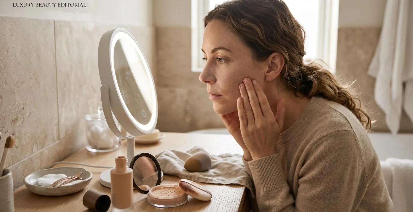 Une femme examine de près la texture de sa peau et ses pores dans un miroir de salle de bain, entourée de ses produits de maquillage ouverts.