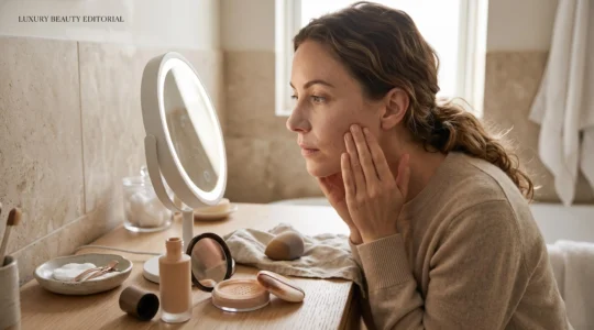 Une femme examine de près la texture de sa peau et ses pores dans un miroir de salle de bain, entourée de ses produits de maquillage ouverts.