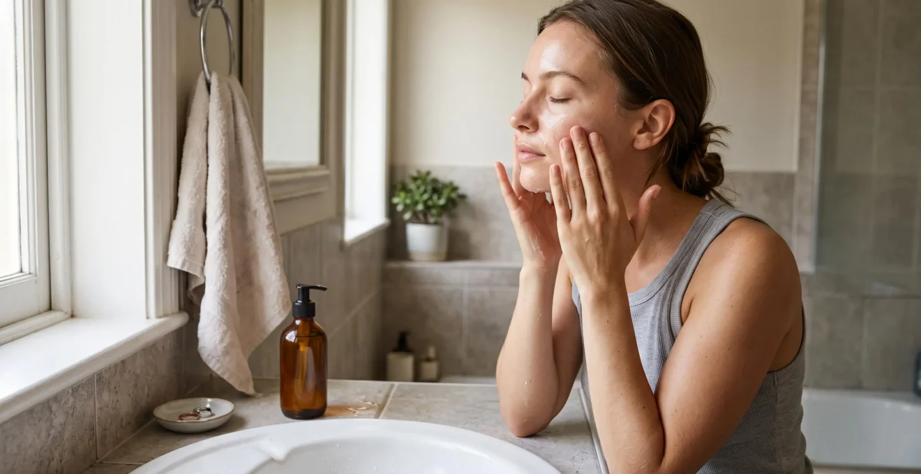 Une femme au teint brillant masse une huile démaquillante sur son visage au-dessus d'un lavabo de salle de bain.