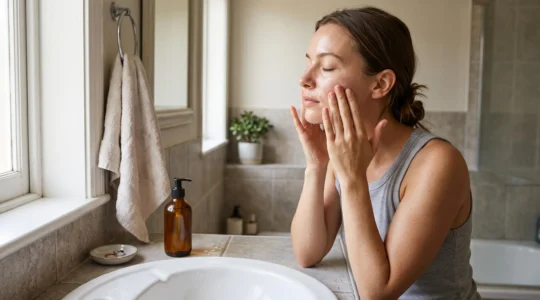 Une femme au teint brillant masse une huile démaquillante sur son visage au-dessus d'un lavabo de salle de bain.