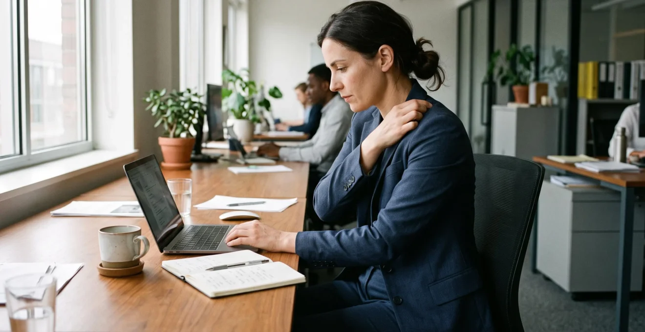 Une femme en tailleur ajusté assise à son bureau ajuste l'épaule de son blazer fermé, la toile marquant légèrement dans le dos.