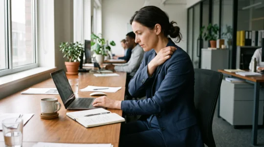 Une femme en tailleur ajusté assise à son bureau ajuste l'épaule de son blazer fermé, la toile marquant légèrement dans le dos.