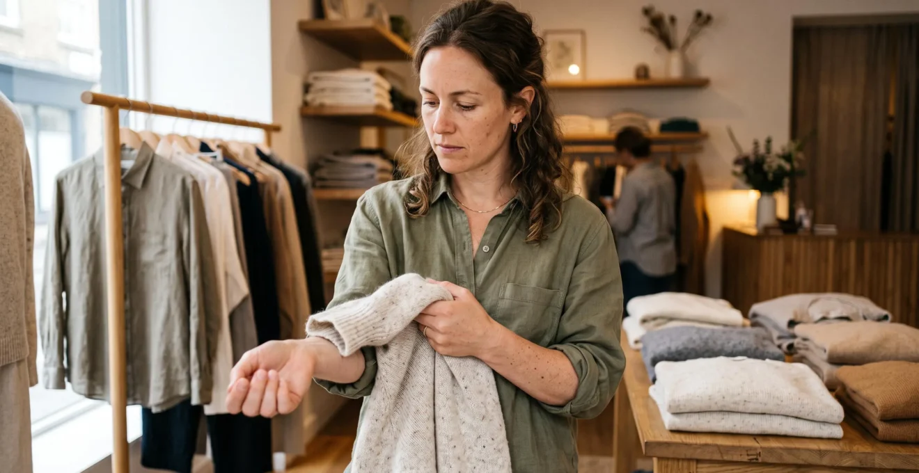 Une femme presse le tissu d'un pull en laine fine contre l'intérieur de son poignet pour tester la sensation dans une boutique de vêtements.