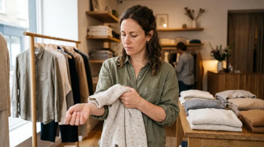 Une femme presse le tissu d'un pull en laine fine contre l'intérieur de son poignet pour tester la sensation dans une boutique de vêtements.