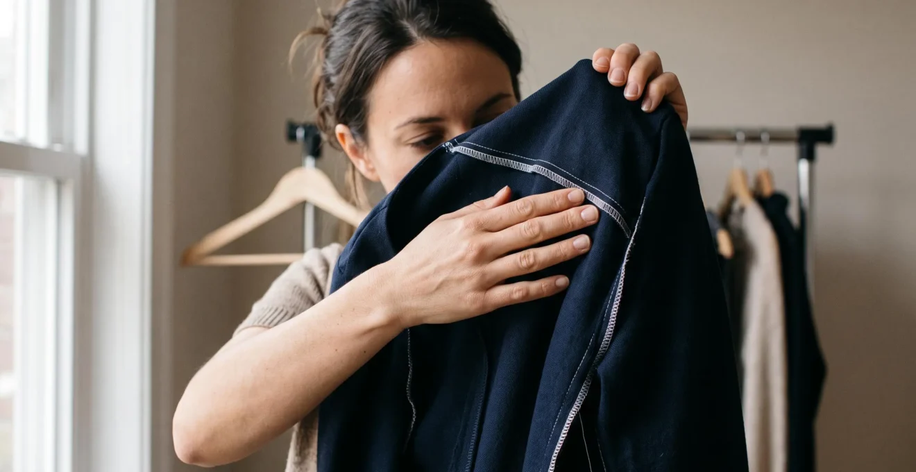 Une femme retourne une robe pour examiner les coutures intérieures de l'encolure avec ses doigts, près d'une fenêtre en lumière naturelle.