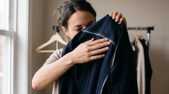 Une femme retourne une robe pour examiner les coutures intérieures de l'encolure avec ses doigts, près d'une fenêtre en lumière naturelle.