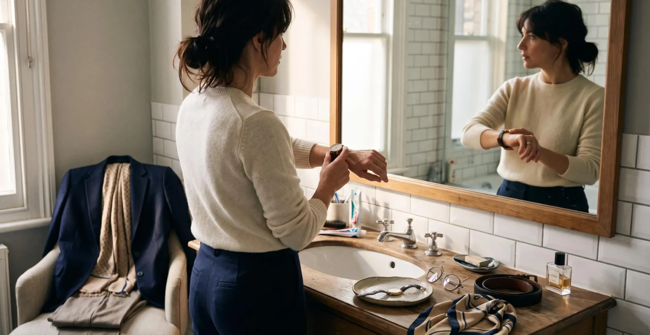Une personne attache une montre à bracelet en cuir devant un miroir de salle de bain le matin, avec quelques accessoires posés sur le lavabo.