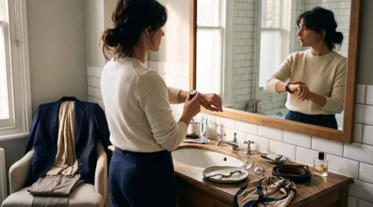 Une personne attache une montre à bracelet en cuir devant un miroir de salle de bain le matin, avec quelques accessoires posés sur le lavabo.
