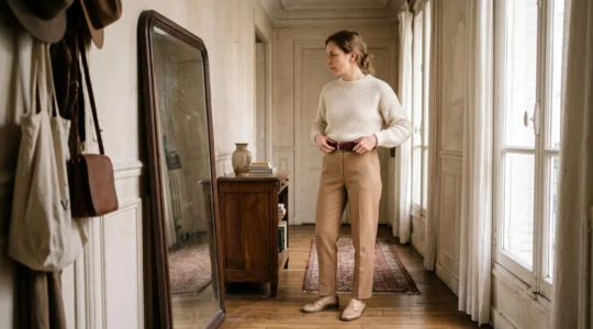 Une femme en tenue entièrement neutre ajuste une ceinture en cuir bordeaux devant un miroir dans un appartement lumineux.