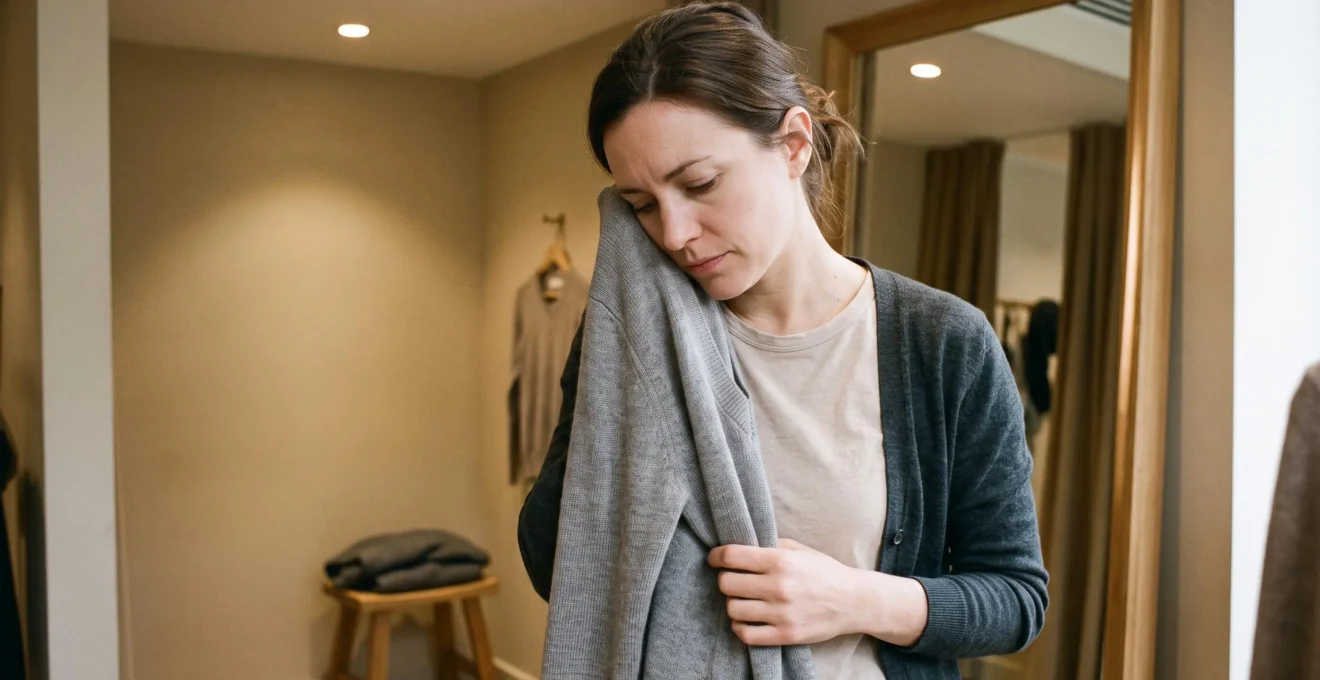 Une femme essaie un pull en laine fine dans une cabine de boutique et presse l'intérieur du col contre sa joue pour évaluer la douceur de la fibre sur sa peau.
