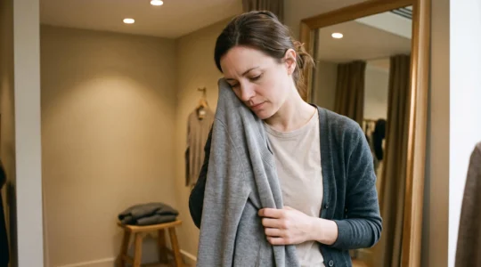 Une femme essaie un pull en laine fine dans une cabine de boutique et presse l'intérieur du col contre sa joue pour évaluer la douceur de la fibre sur sa peau.