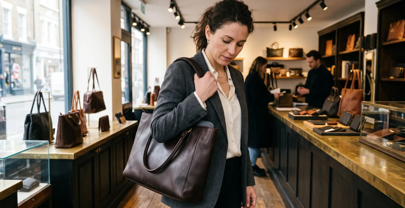 Une femme teste en boutique un sac en cuir chargé d'un ordinateur 14 pouces, la main appuyée sur la bandoulière pour évaluer la pression sur son épaule.