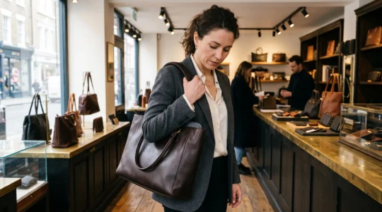 Une femme teste en boutique un sac en cuir chargé d'un ordinateur 14 pouces, la main appuyée sur la bandoulière pour évaluer la pression sur son épaule.