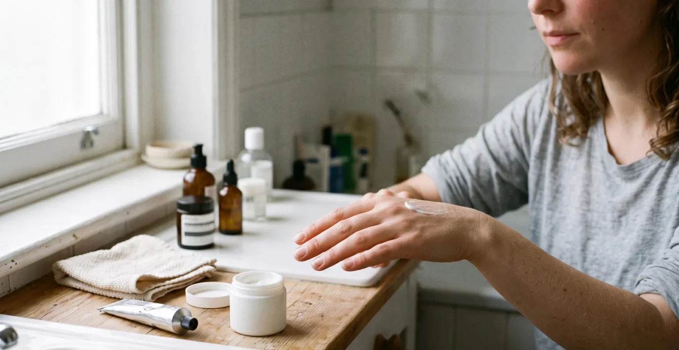 Une femme applique une petite quantité de crème sur l'intérieur de son avant-bras pour tester la tolérance du produit.