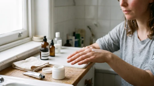 Une femme applique une petite quantité de crème sur l'intérieur de son avant-bras pour tester la tolérance du produit.
