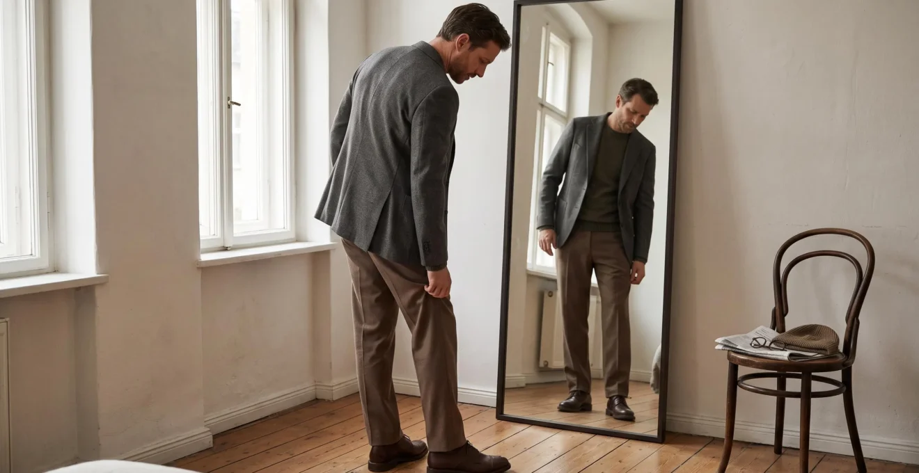 Une personne devant un miroir en pied vérifie la longueur de son pantalon en ajustant l'ourlet avec la main.