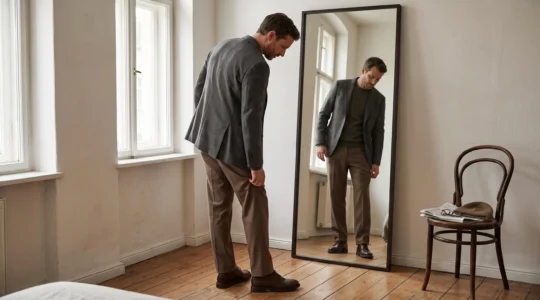 Une personne devant un miroir en pied vérifie la longueur de son pantalon en ajustant l'ourlet avec la main.